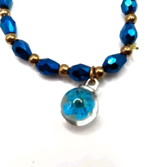Blue + Gold Beaded Flower Stretch Stretchy Bracelet - Picture 8 of 9